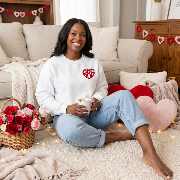 SCALLOPED HEART MONOGRAM EMBROIDERED SWEATSHIRT